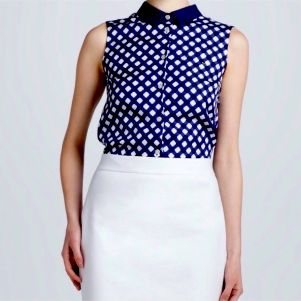 Kate Spade New York gingham silk blend blouse size 6 in navy and white.